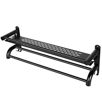 2 tier Wall Mounted Towel Rack with Bar & Storage Shelf, Nail-Free Bathroom Towel Holder