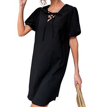 Women's Puff Sleeve Mini Dress with Lace-Up Neckline and Relaxed Woven Fit
