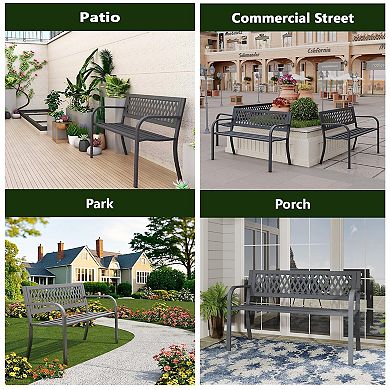 Outdoor Bench, Garden Patio Park Entryway Metal Bench with Comfortable Backrest