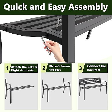 Outdoor Bench, Garden Patio Park Entryway Metal Bench with Comfortable Backrest