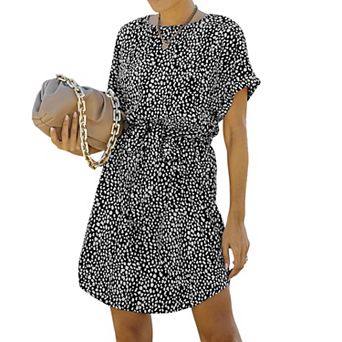 Women's Short Sleeve Mini Dress with Abstract Dot Print and Waist Tie