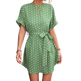 Women's Short Sleeve Polka Dot Mini Dress with Waist Tie Belt and Relaxed Fit