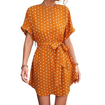 Women's Short Sleeve Polka Dot Mini Dress with Waist Tie Belt and Relaxed Fit