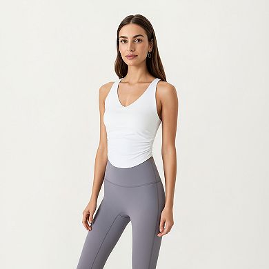 Women's V-Neck Ruched Side Tank Top with Fitted Stretch Fabric and Sleek Contoured Silhouette