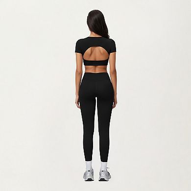 Women's Short Sleeve Twist Front V-Neck Crop Active Top