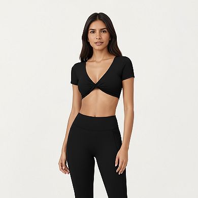 Women's Short Sleeve Twist Front V-Neck Crop Active Top