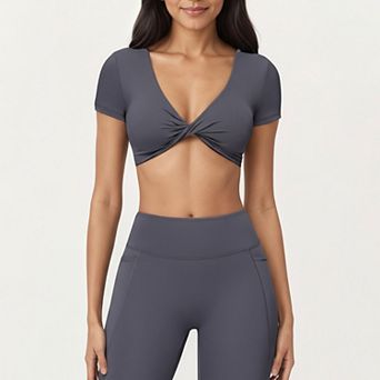 Women's Short Sleeve Twist Front V-Neck Crop Active Top