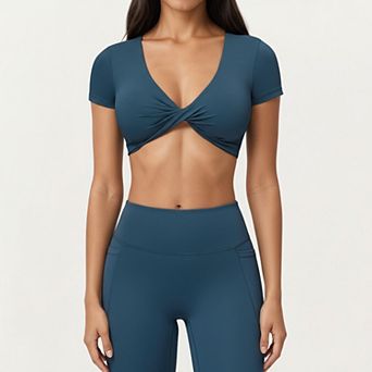 Women's Short Sleeve Twist Front V-Neck Crop Active Top