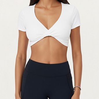 Women's Short Sleeve Twist Front V-Neck Crop Active Top