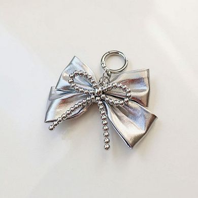 Metallic Bow Charm Keychain with Silver Beaded Detailing