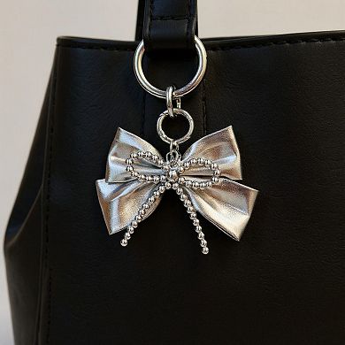 Metallic Bow Charm Keychain with Silver Beaded Detailing