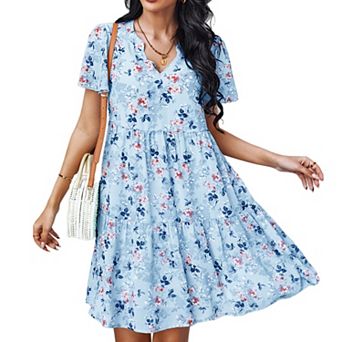 Women's Short Sleeve V-Neck Tiered Floral Print Mini Dress with Relaxed Flowing Silhouette