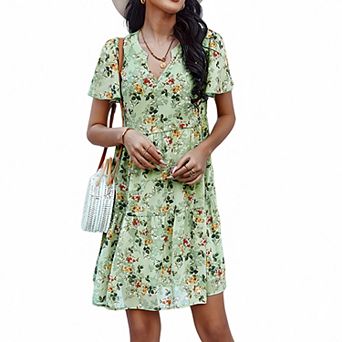 Women's Short Sleeve V-Neck Tiered Floral Print Mini Dress with Relaxed Flowing Silhouette