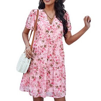 Women's Short Sleeve V-Neck Tiered Floral Print Mini Dress with Relaxed Flowing Silhouette
