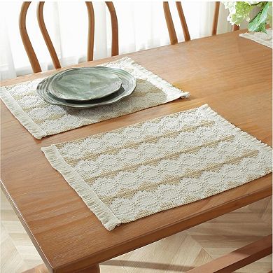 2-Piece Textured Cotton Woven Bath Mat with Fringe Trim and Raised Detailing