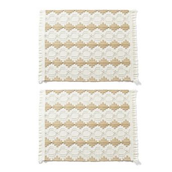 2 pc Textured Cotton Woven Bath Mat with Fringe Trim and Raised Detailing