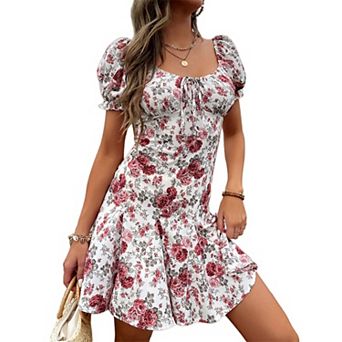 Women's Puff Sleeve Mini Dress with Square Neckline and Flared Hem