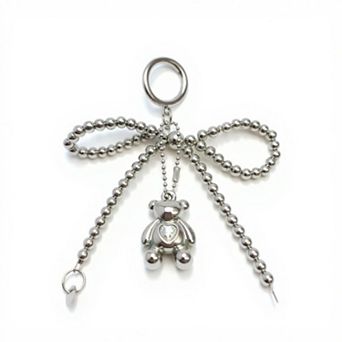 Metallic Beaded Bow Keychain with Crystal Bear Charm and Ring Accent