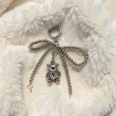 Metallic Beaded Bow Keychain with Crystal Bear Charm and Ring Accent