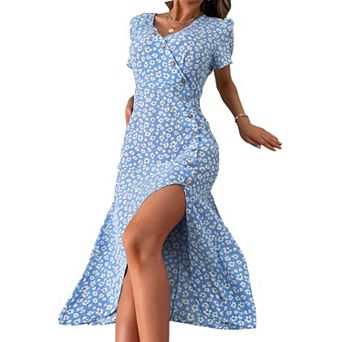 Women's Short Sleeve Floral Button Front Maxi Dress with V-Neckline and Side Slit