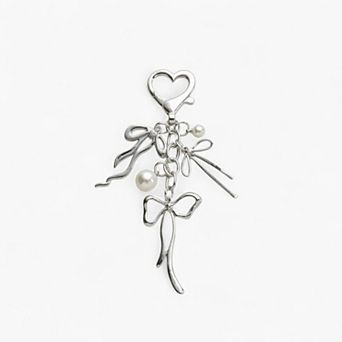 Silver Bow Keychain with Pearl Charms and Heart Clasp Accent