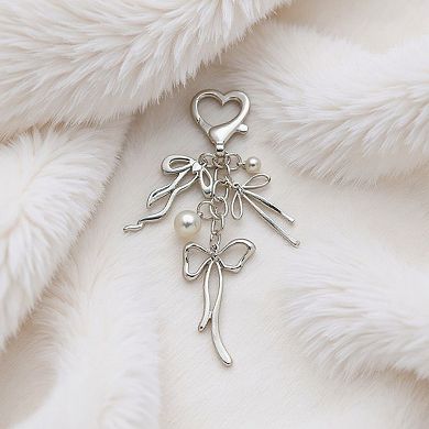 Silver Bow Keychain with Pearl Charms and Heart Clasp Accent