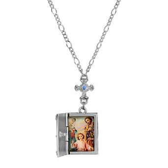 Symbols of Faith Color Stone & Bible Locket Jesus Calvary Decal Necklace