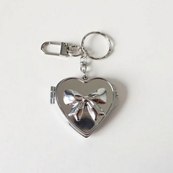 Silver Heart Locket Keychain with 3D Bow Detail and Clasp Ring