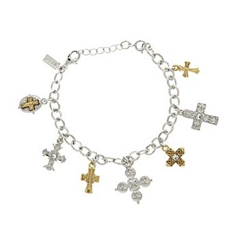Symbols of Faith Gold Tone and Silver-Tone Seven Cross Charm Bracelet