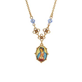 Symbols of Faith Gold-Tone Light Blue Small Oval Mary Pendant Necklace
