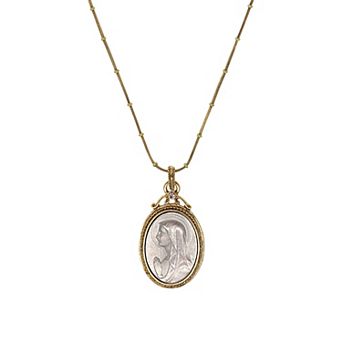 Symbols of Faith Gold Tone & Silver-Tone Crystal Virgin Mary Medallion Necklace