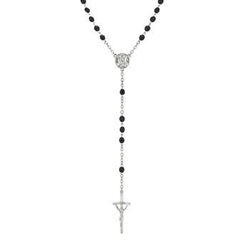 Symbols of Faith Silver-Tone Black Bead Papal Rosary