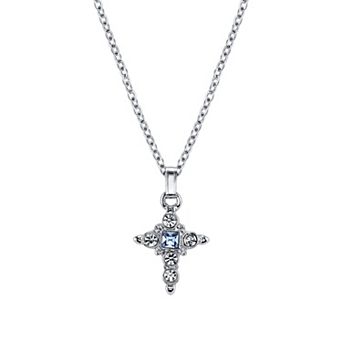 Symbols of Faith Silver-Tone Light Blue Crystal Cross Pendant Necklace