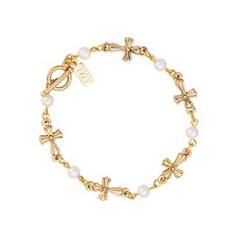 Symbols of Faith Gold Tone Faux Pearl Cross Toggle Bracelet