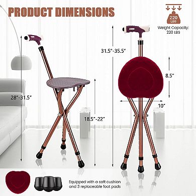 Brown Adjustable Folding Cane Seat with Built-In Light