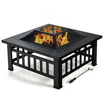 32 Inch 3 in 1 Outdoor Fire Pit Table with Grill Rack and Rain Cover