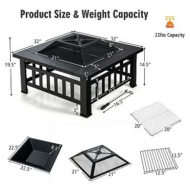 32 Inch 3 in 1 Outdoor Fire Pit Table with Grill Rack and Rain Cover