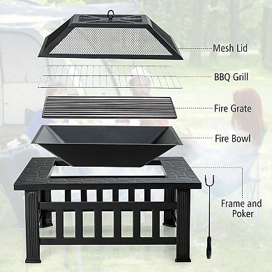 32 Inch 3 in 1 Outdoor Fire Pit Table with Grill Rack and Rain Cover