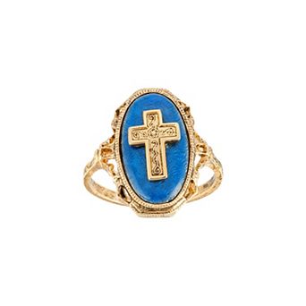 Symbols of Faith Gold Tone Cross Blue Enamel Oval Ring