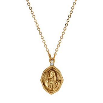 Symbols of Faith Gold Tone Virgin Mary Oval Pendant Necklace