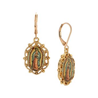 Symbols of Faith Gold Tone Our Lady of Guadalupe Decal Oval Leverback Earrings