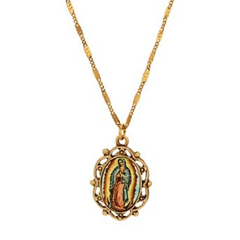 Symbols of Faith Gold Tone Our Lady of Guadalupe Decal Oval Necklace