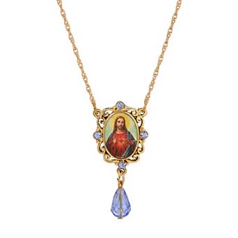 Symbols of Faith Gold Tone Oval Decal Jesus Pendant Blue Bead Necklace
