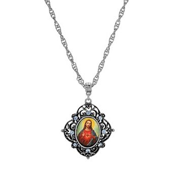 Symbols of Faith Silver Tone Oval Decal Jesus Pendant Necklace