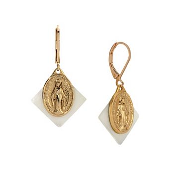 Symbols of Faith Gold Tone Mother Of Pearl Miraculous Medal Leverback Earrings