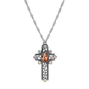 Symbols of Faith Silver-Tone Mary & Child Decal Crystal Cross Pendant Necklace