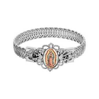 Symbols of Faith Silver-Tone Oval Our Lady Of Guadalupe Decal Bracelet