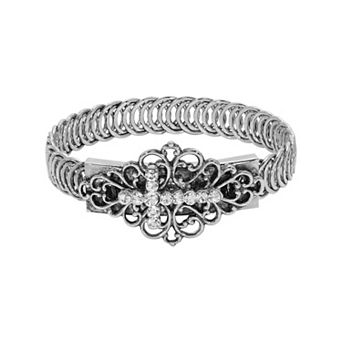Symbols of Faith Silver-Tone Crystal Cross Bracelet