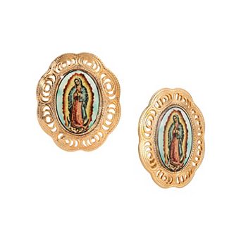 Symbols of Faith Gold-Tone Our Lady Of Guadalupe Decal Clip-On Earrings