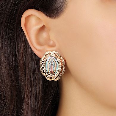 Symbols of Faith Gold-Tone Our Lady Of Guadalupe Decal Clip-On Earrings